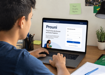 Rapaz acessa site do Prouni em notebook, caderno e guia ENEM sobre mesa, ambiente organizado.