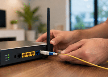 Mãos conectando cabo amarelo de internet em roteador preto sobre mesa de madeira.