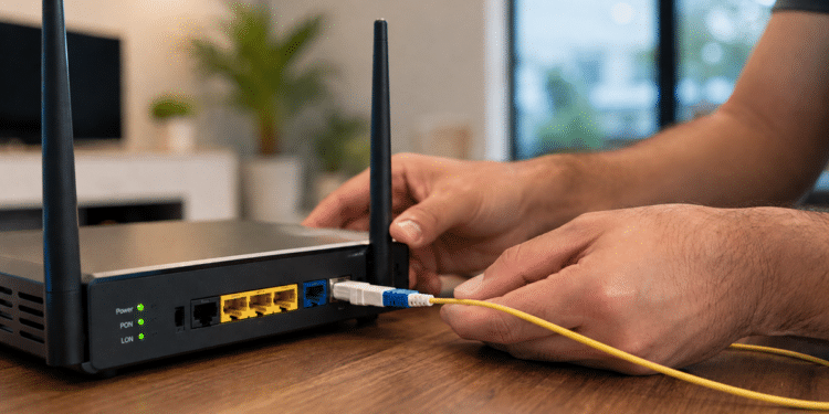 Mãos conectando cabo amarelo de internet em roteador preto sobre mesa de madeira.