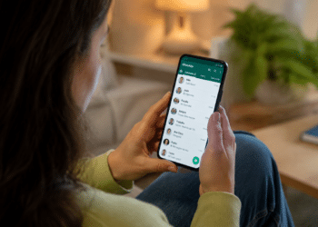 Mulher segura smartphone exibindo tela de conversas no WhatsApp em sofá com luz aconchegante ao fundo.