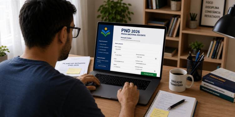 Homem preenche inscrição da PND 2026 no notebook, com materiais de estudo e caneca com mensagem sobre educação.