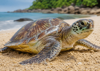 Tartaruga marinha com casco marrom no centro da areia à beira-mar com vegetação ao fundo.