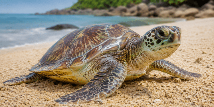 Tartaruga marinha com casco marrom no centro da areia à beira-mar com vegetação ao fundo.