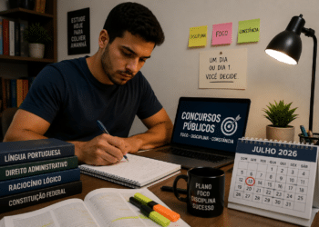 Jovem escreve em caderno rodeado por livros, notebook com “Concursos Públicos” e calendário de julho 2026.