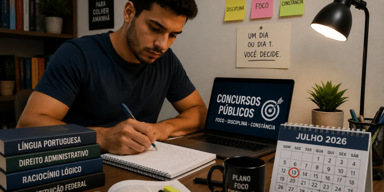 Jovem escreve em caderno rodeado por livros, notebook com “Concursos Públicos” e calendário de julho 2026.