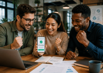 Três jovens comemorando enquanto mulher mostra celular com pagamento recebido de R$ 24.750,00 em ambiente de escritório.