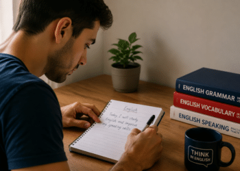Homem escrevendo em caderno sobre estudar inglês ao lado de livros e caneca azul com texto Think in English.