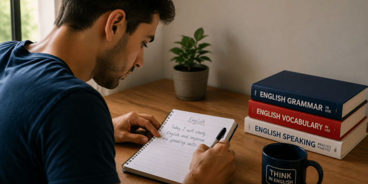 Homem escrevendo em caderno sobre estudar inglês ao lado de livros e caneca azul com texto Think in English.