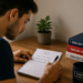 Homem escrevendo em caderno sobre estudar inglês ao lado de livros e caneca azul com texto Think in English.