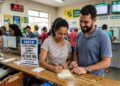 Casal sorridente preenche volante da Loteria Federal 6081 em lotérica com placa de prêmio de R$ 500 mil.