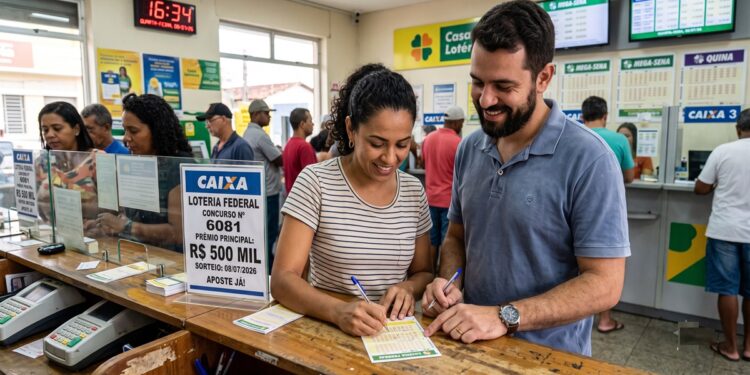 Casal sorridente preenche volante da Loteria Federal 6081 em lotérica com placa de prêmio de R$ 500 mil.