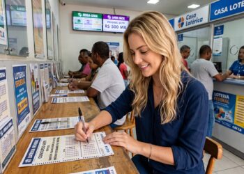 Mulher sorridente preenche volante da Lotofácil em casa lotérica com cartaz de prêmio de R$ 500 mil da Loteria Federal