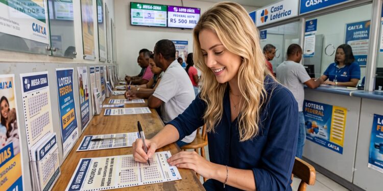 Mulher sorridente preenche volante da Lotofácil em casa lotérica com cartaz de prêmio de R$ 500 mil da Loteria Federal