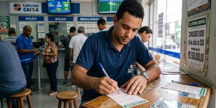 Homem preenche bilhete em lotérica, aviso de prêmio R$500 mil do concurso 6080 ao fundo