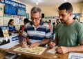 Dois homens preenchem bilhetes de loteria em uma casa lotérica com placas da Caixa e do concurso 6082 ao fundo