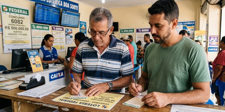 Dois homens preenchem bilhetes de loteria em uma casa lotérica com placas da Caixa e do concurso 6082 ao fundo