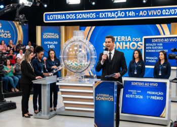 Apresentador anuncia resultados da Loteria dos Sonhos com equipe feminina e globos de sorteio em estúdio lotado