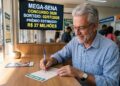 Homem idoso preenche volante da Mega-Sena em lotérica com prêmio estimado de R$ 27 milhões, divulgado em tela