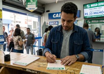 Homem preenchendo volante da Mega-Sena em lotérica cheia com anúncio do prêmio de R$ 33 milhões ao fundo