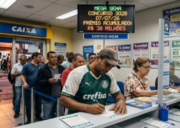 Homens e mulheres em fila na lotérica, homem com camisa do Palmeiras faz aposta na Mega-Sena 3028