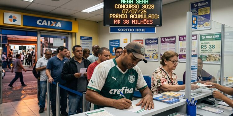 Homens e mulheres em fila na lotérica, homem com camisa do Palmeiras faz aposta na Mega-Sena 3028
