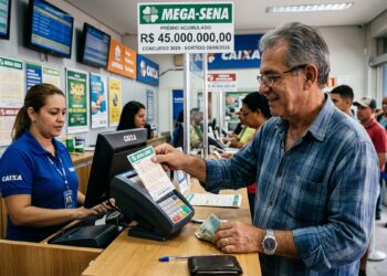 Homem idoso entrega bilhete da Mega-Sena atendente da Caixa em lotérica com faixa de prêmio acumulado