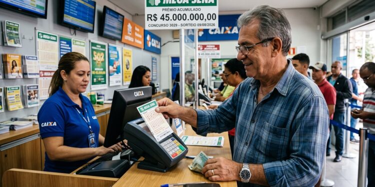 Homem idoso entrega bilhete da Mega-Sena atendente da Caixa em lotérica com faixa de prêmio acumulado