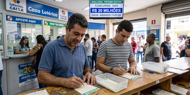 Dois homens preenchem bilhetes da Mega-Sena em casa lotérica com aviso de prêmio de R$ 20 milhões ao fundo