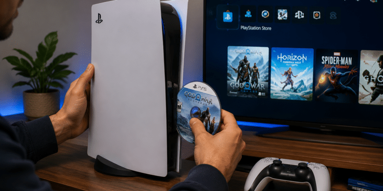 Mãos masculinas inserem disco God of War Ragnarok em um PlayStation 5 branco, com controle DualSense próximo, planta decorativa, menu do console exibindo jogos como Horizon, Spider-Man e God of War.