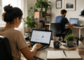 Mulher e homem usando laptops em home office, mesa com café e plantas, ambiente iluminado.