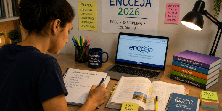 Jovem escrevendo plano de estudos em caderno, cercada de livros, laptop com tela do Encceja e frases motivacionais.