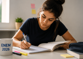 Jovem estudando com livros abertos, caneta na mão e caneca com a inscrição ENEM 2026 sobre a mesa.