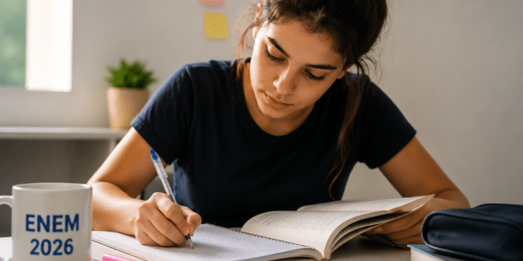 Jovem estudando com livros abertos, caneta na mão e caneca com a inscrição ENEM 2026 sobre a mesa.