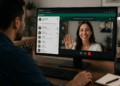 Homem participa de chamada de vídeo com mulher sorridente no WhatsApp Web, ambos em ambientes domésticos organizados.