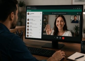 Homem participa de chamada de vídeo com mulher sorridente no WhatsApp Web, ambos em ambientes domésticos organizados.