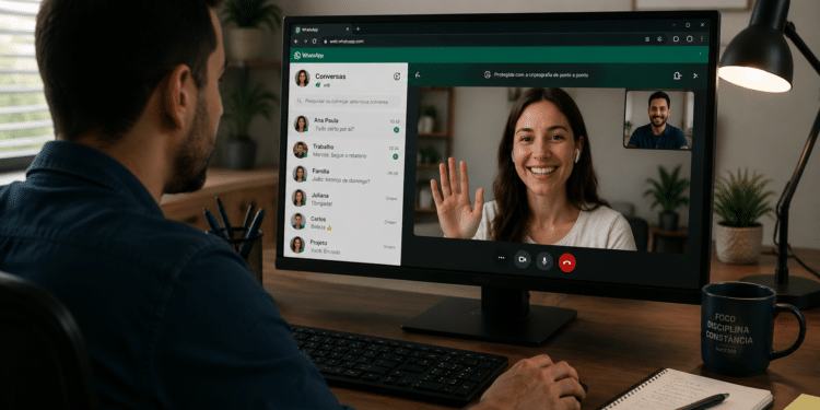 Homem participa de chamada de vídeo com mulher sorridente no WhatsApp Web, ambos em ambientes domésticos organizados.