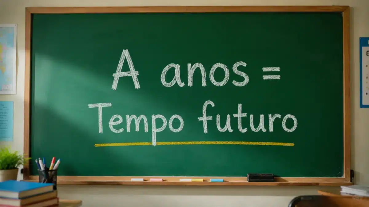 Uso de “a anos” - Tempo futuro Quadro de sala de aula com a expressão “A anos = tempo futuro” escrita com giz.