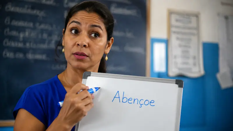 Exemplos de uso da palavra abençoe em frases Professora segurando quadro com a palavra “abençoe” escrita, ilustrando exemplos práticos do uso correto da expressão.