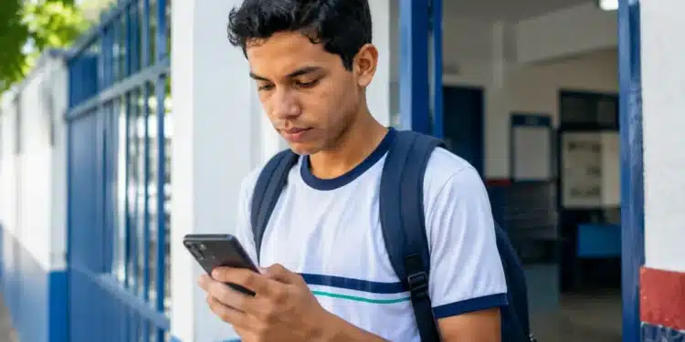 Estudante com mochila consultando o celular na entrada da escola, representando o acesso à conta do estudante pelo aplicativo Caixa Tem.