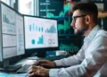 Analista de sistemas trabalhando em computador com múltiplos monitores exibindo gráficos e dados tecnológicos.