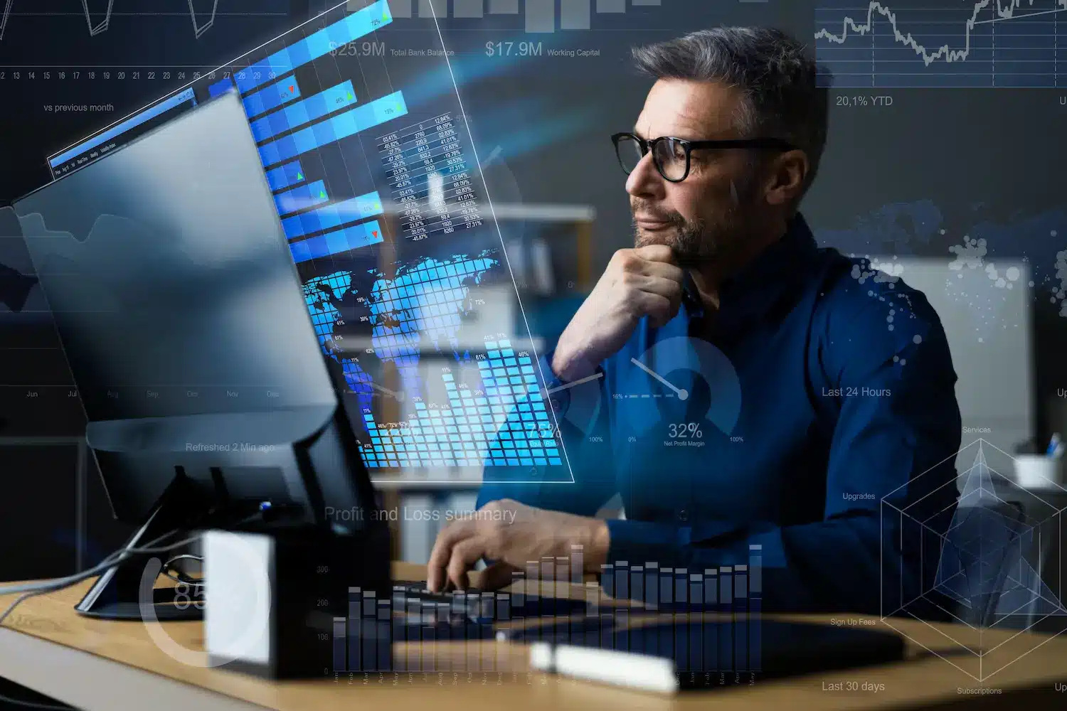Analista de Sistemas Analista de sistemas analisando dados em telas digitais com gráficos e informações de tecnologia.