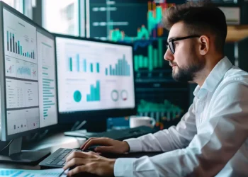 Analista de sistemas trabalhando em computador com múltiplos monitores exibindo gráficos e dados tecnológicos.