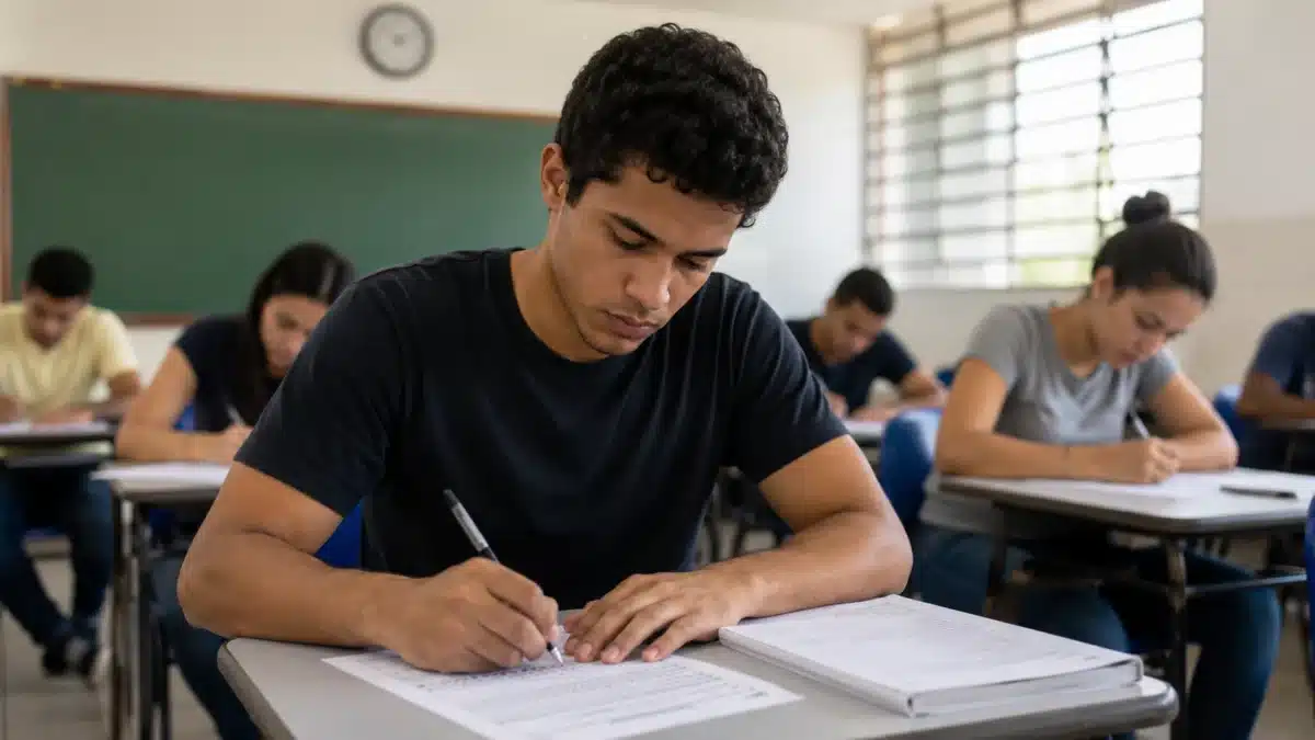 Provas do Encceja 2026 — Avaliações objetivas e redação Jovens adultos concentrados durante a realização das provas presenciais do Encceja 2026 em uma sala de aula.