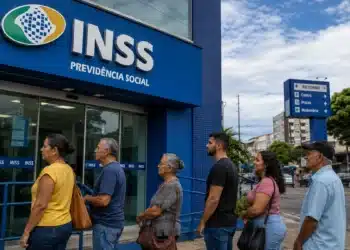 Fila de segurados em frente a uma agência do INSS, com fachada azul em destaque, relacionada a projeto sobre aposentadoria maior.