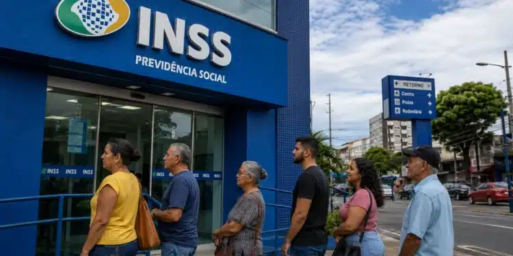 Fila de segurados em frente a uma agência do INSS, com fachada azul em destaque, relacionada a projeto sobre aposentadoria maior.