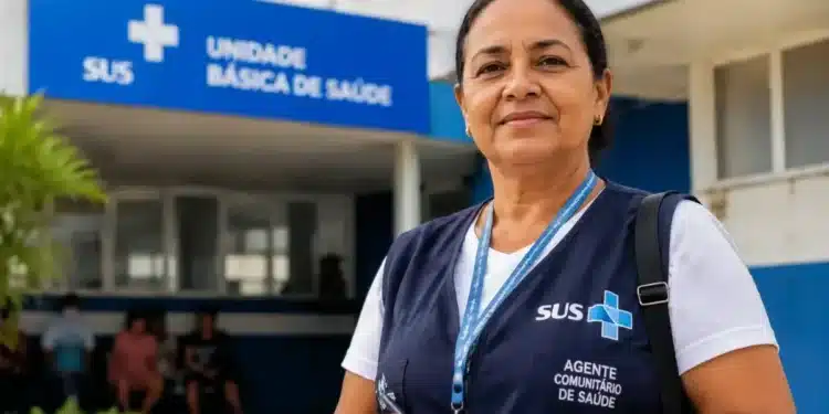 Agente comunitária de saúde em frente a uma unidade básica de saúde, representando a mudança nas regras de aposentadoria da categoria.