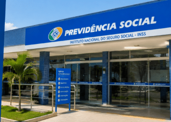 Agência do INSS com fachada da Previdência Social para ilustrar concurso público do Instituto Nacional do Seguro Social.