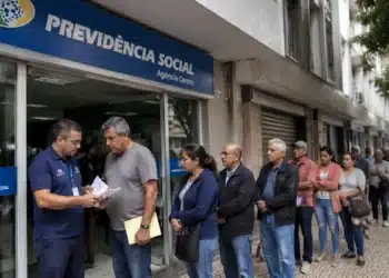 Fila de segurados em frente a uma agência do INSS, representando o atendimento extraordinário de serviços previdenciários.