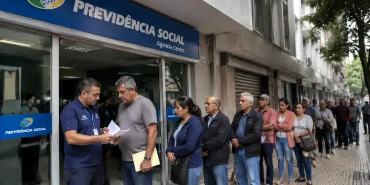 Fila de segurados em frente a uma agência do INSS, representando o atendimento extraordinário de serviços previdenciários.