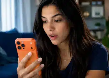 Mulher utilizando iPhone enquanto verifica atualização do sistema iOS 26.6 no celular
